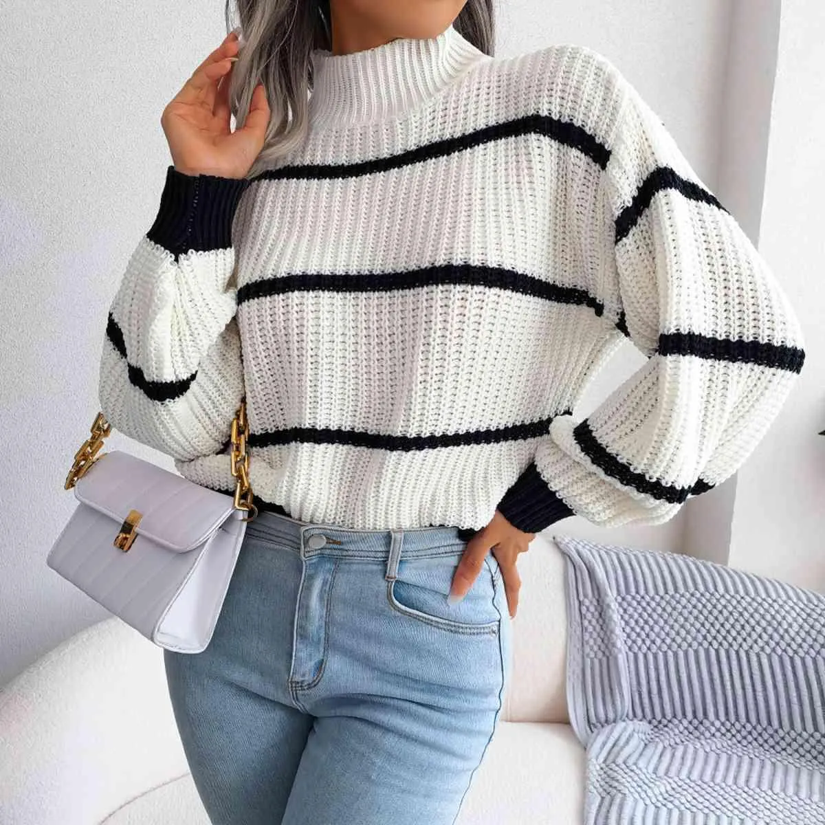 Striped Mock Neck Dropped Shoulder Sweater