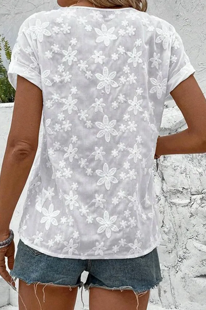 Sweet Solid Embroidered V Neck Tops