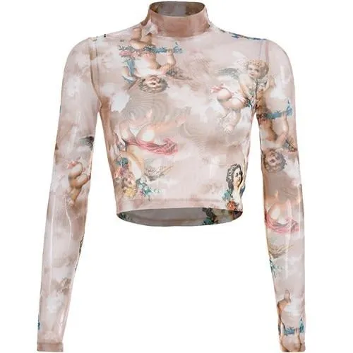 Sweetown Summer 2020 Kawaii Mesh Crop Top Tshirt Greek Mythology Angel Print See Through Top Women Sexy Transparent Beach Shirt