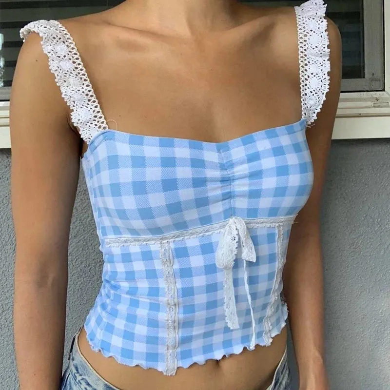 TAVIMART  -  Y2K Blue Plaid Camis Lace Lace Edge Shrug Fairycore Grunge Tank Top Women Off Shoulder Backless Vest Summer Streetwear 2000s