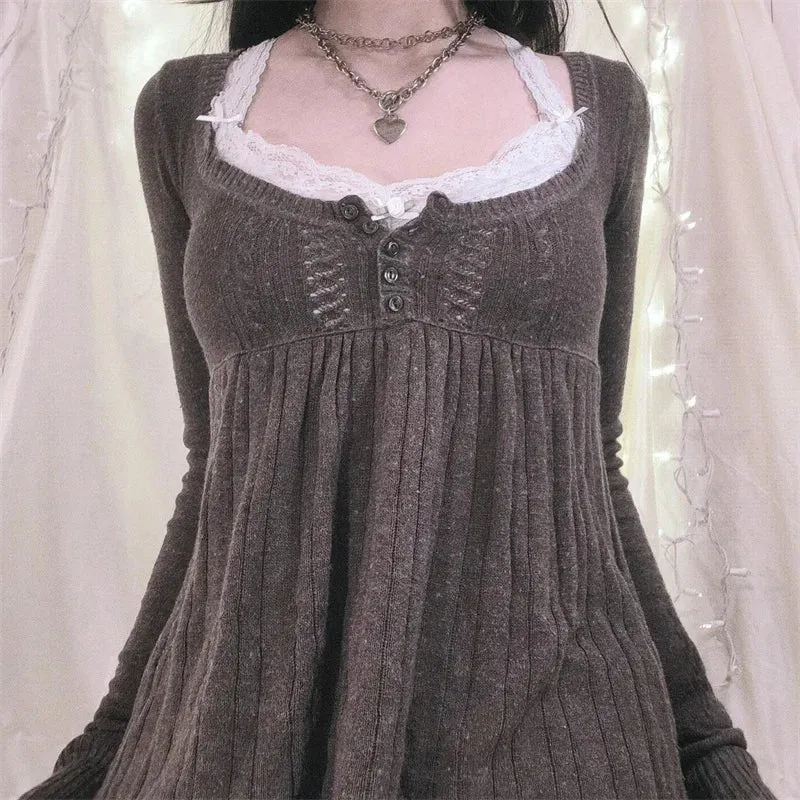 TAVIMART  -  Y2K Milkmaid Top Shirts Fairy Grunge Knit Long Sleeve Pullover Sweater Low Cut Babydoll Blouse Button Down Vintage 2000s Sweater