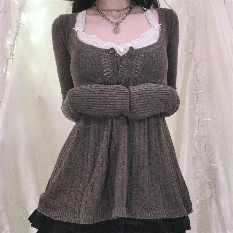 TAVIMART  -  Y2K Milkmaid Top Shirts Fairy Grunge Knit Long Sleeve Pullover Sweater Low Cut Babydoll Blouse Button Down Vintage 2000s Sweater