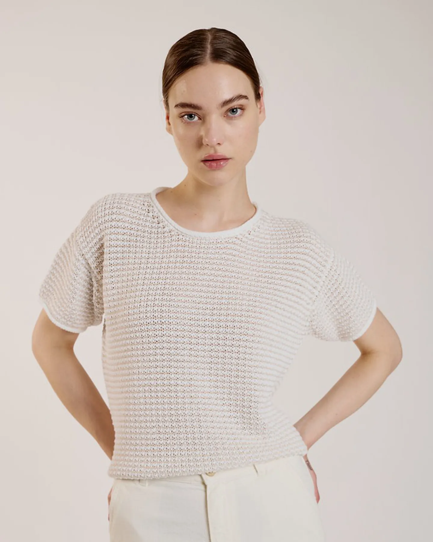 TEXTURED COTTON SHORT SLEEVE SWEATER - BEIGE