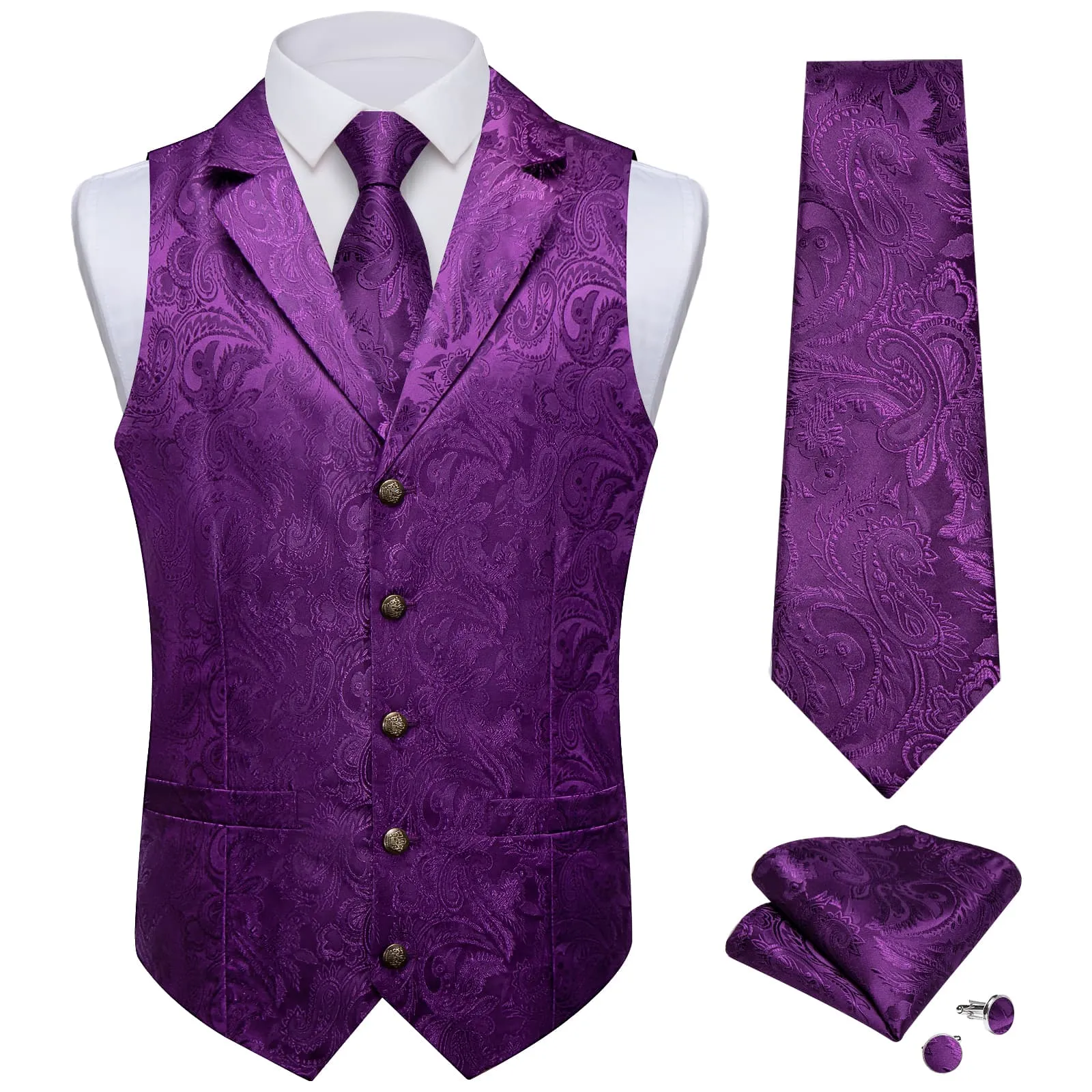 Ties2you Dress Vest Palatinate Purple Paisley Notched Collar Silk Mens Waistcoat Tie Set