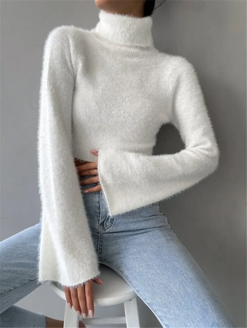 Toleet 90s streetwear Autumn and Winter New Turtleneck Short Exposed Navel Plush Sweater