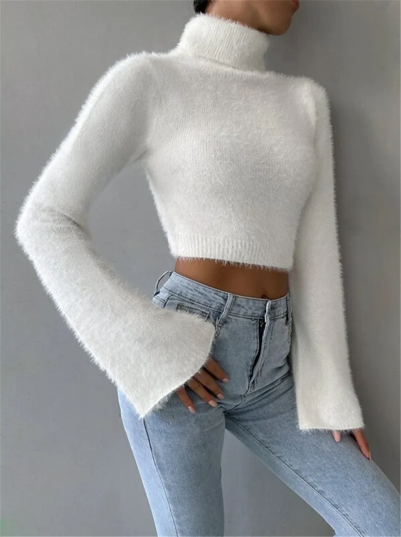 Toleet 90s streetwear Autumn and Winter New Turtleneck Short Exposed Navel Plush Sweater