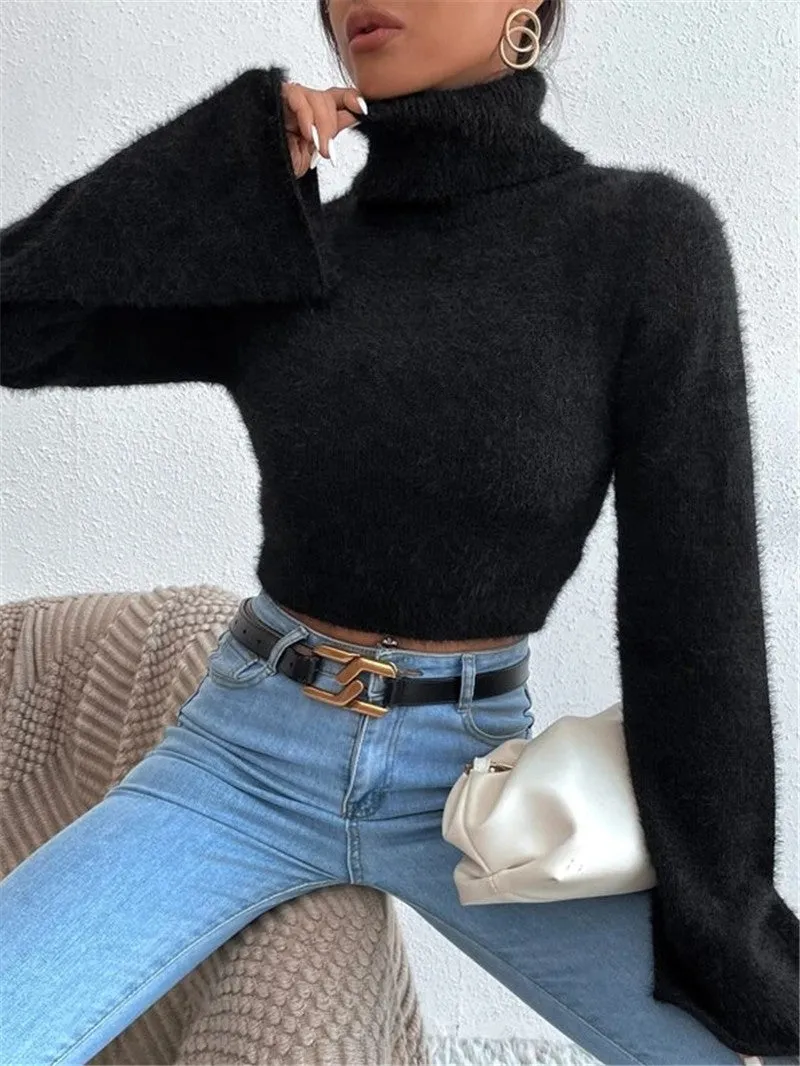 Toleet 90s streetwear Autumn and Winter New Turtleneck Short Exposed Navel Plush Sweater