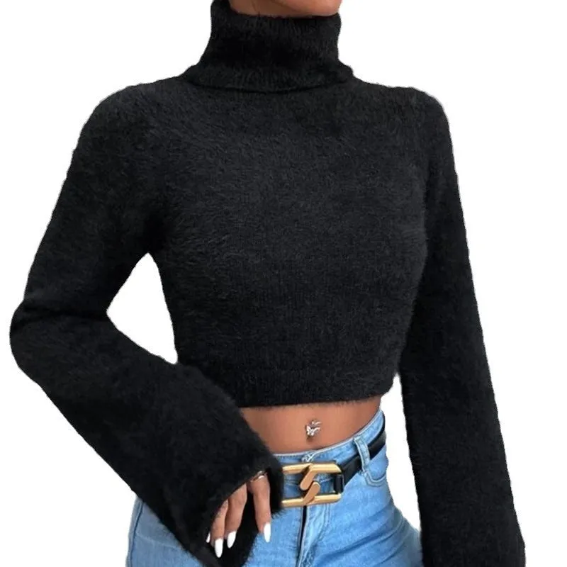 Toleet 90s streetwear Autumn and Winter New Turtleneck Short Exposed Navel Plush Sweater