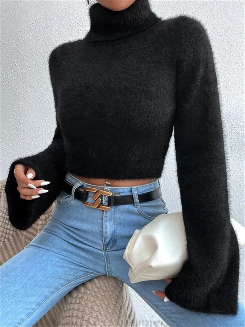 Toleet 90s streetwear Autumn and Winter New Turtleneck Short Exposed Navel Plush Sweater