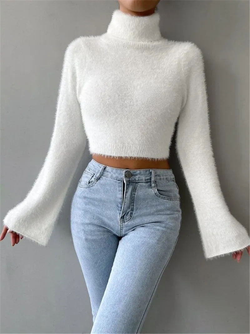 Toleet 90s streetwear Autumn and Winter New Turtleneck Short Exposed Navel Plush Sweater