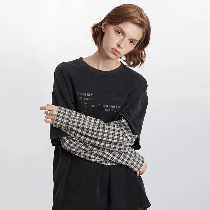 Toleet grunge outfits Two-Piece Retro Letter Print Long-Sleeved Couple T-shirt Stitching Contrast Color Top for Women