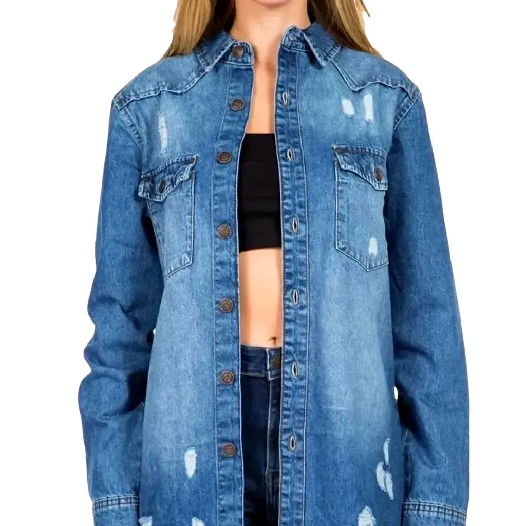 Trendy distressed jean shirt for ladies