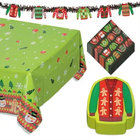 Ugly Sweater Party Pack - Paper Plates, Napkins, Table Cover, and Garland (Serves 16)