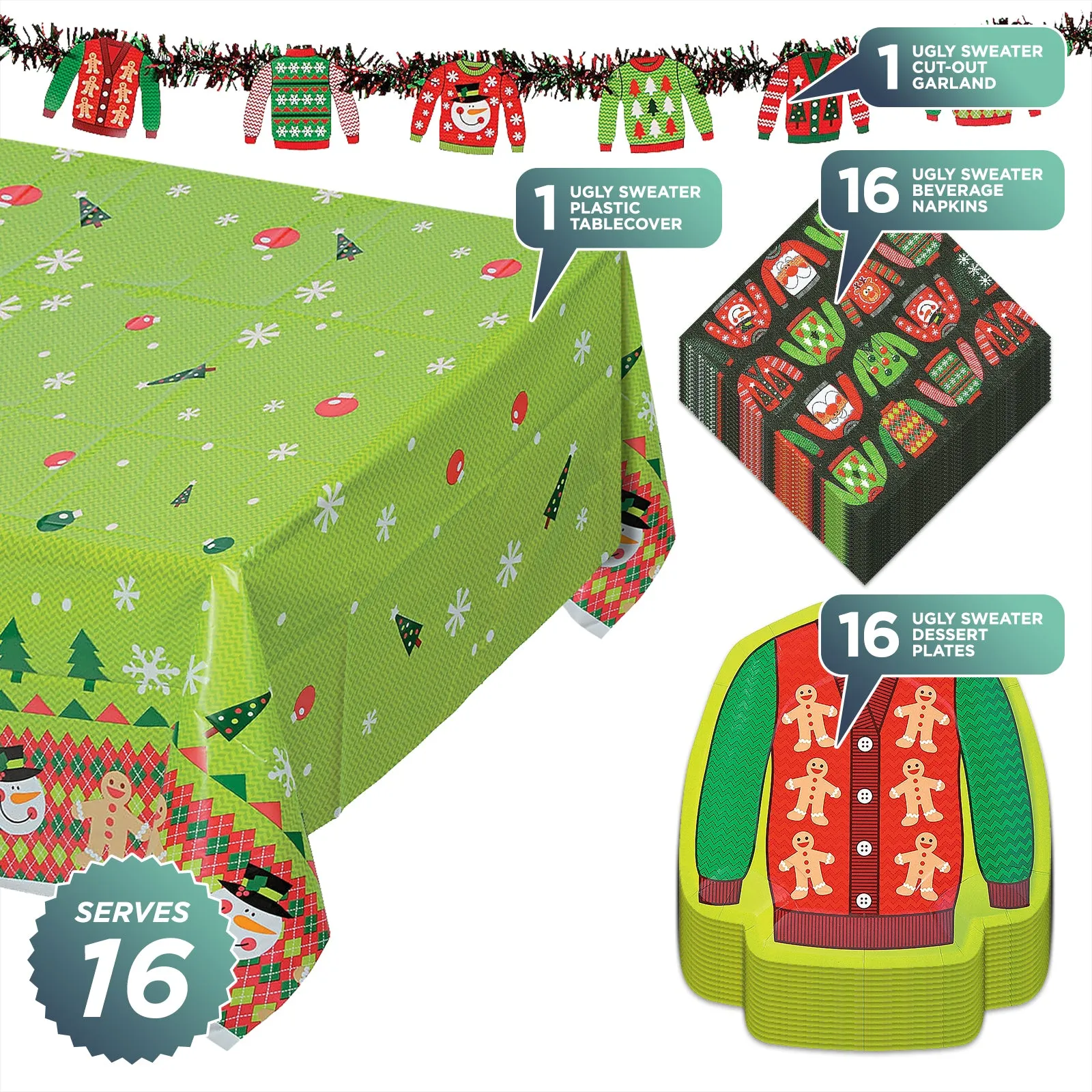 Ugly Sweater Party Pack - Paper Plates, Napkins, Table Cover, and Garland (Serves 16)