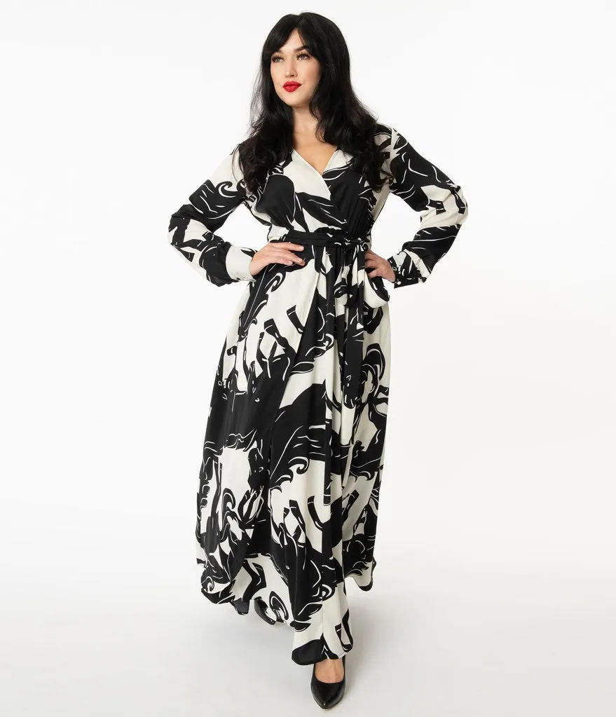 Unique Vintage Black & White Wild Horses Farrah Maxi Dress (M ONLY)