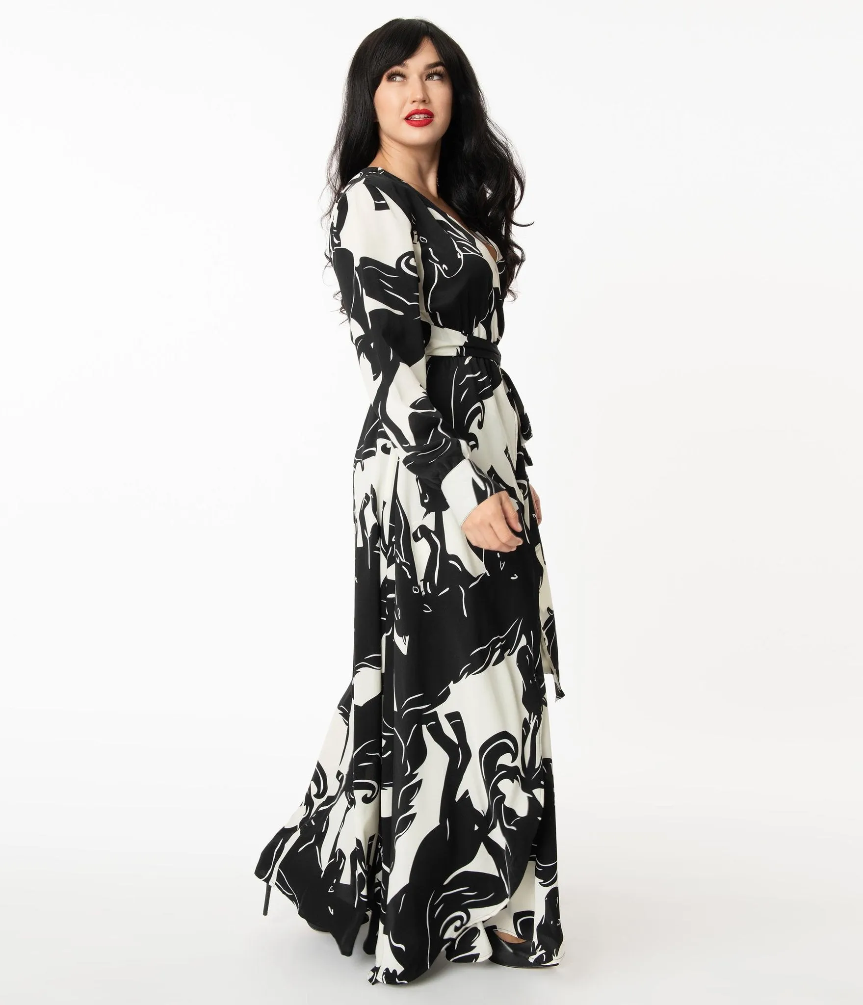 Unique Vintage Black & White Wild Horses Farrah Maxi Dress (M ONLY)