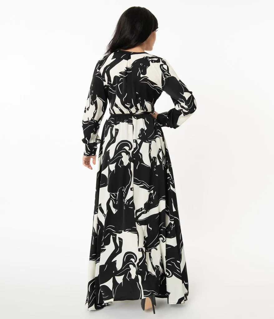 Unique Vintage Black & White Wild Horses Farrah Maxi Dress (M ONLY)