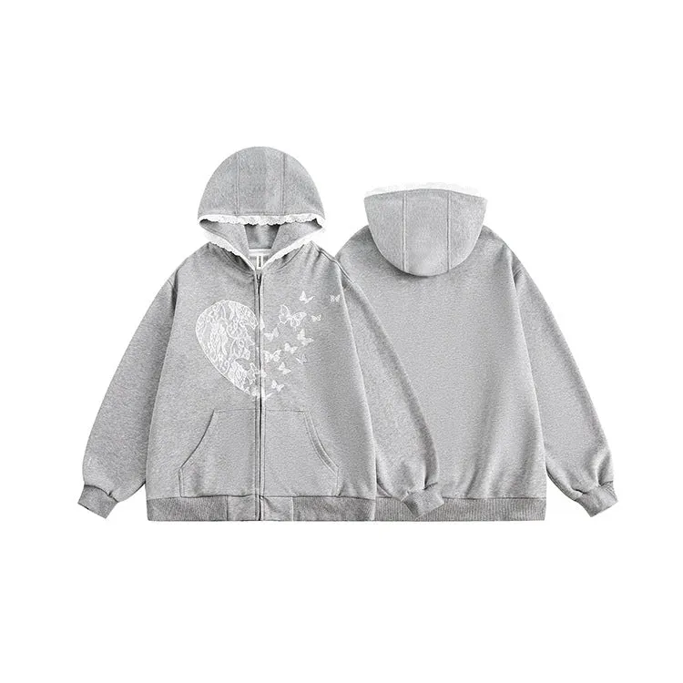 Uniwim grunge dti American Retro Bow Lace Stitching Gray Casual Hooded Sweater Men's and Women's Loose Zipper Cardigan Jacket