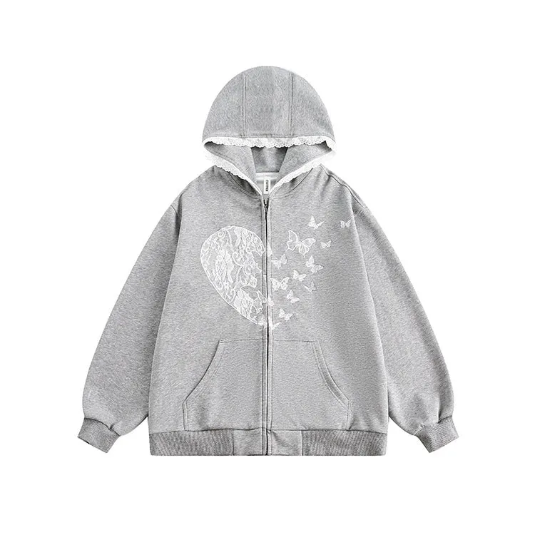 Uniwim grunge dti American Retro Bow Lace Stitching Gray Casual Hooded Sweater Men's and Women's Loose Zipper Cardigan Jacket