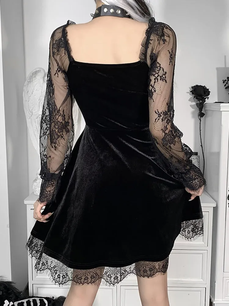 Uniwim  Velour Gothic Aesthetic Vintage Dresses Women's Lace Patchwork Grunge Black Dress Long Sleeve A-line Autumn Partywear