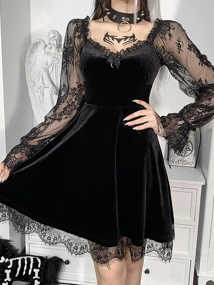 Uniwim  Velour Gothic Aesthetic Vintage Dresses Women's Lace Patchwork Grunge Black Dress Long Sleeve A-line Autumn Partywear