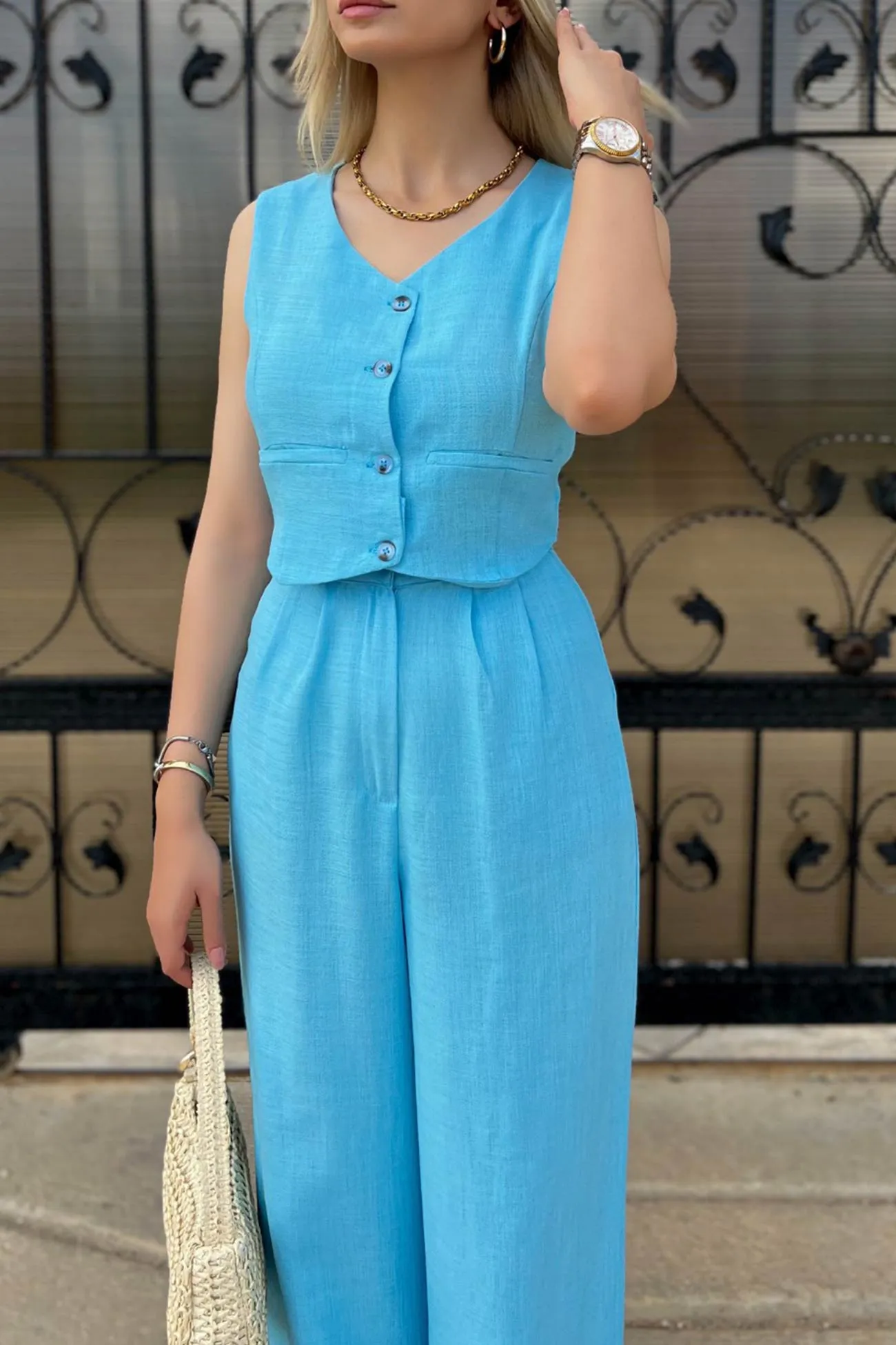 V Neck Button Down Tank Top Long Pants Suits