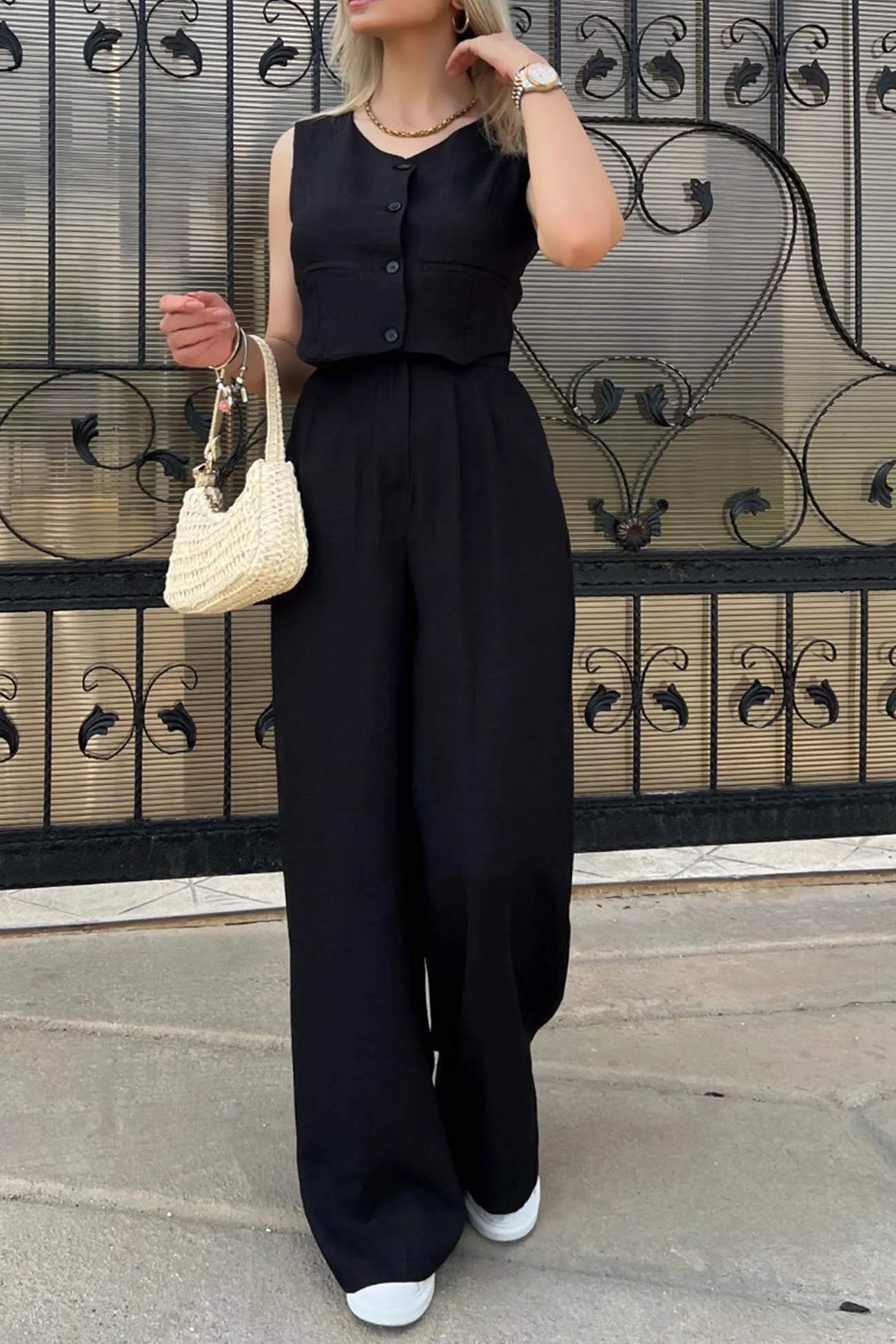 V Neck Button Down Tank Top Long Pants Suits