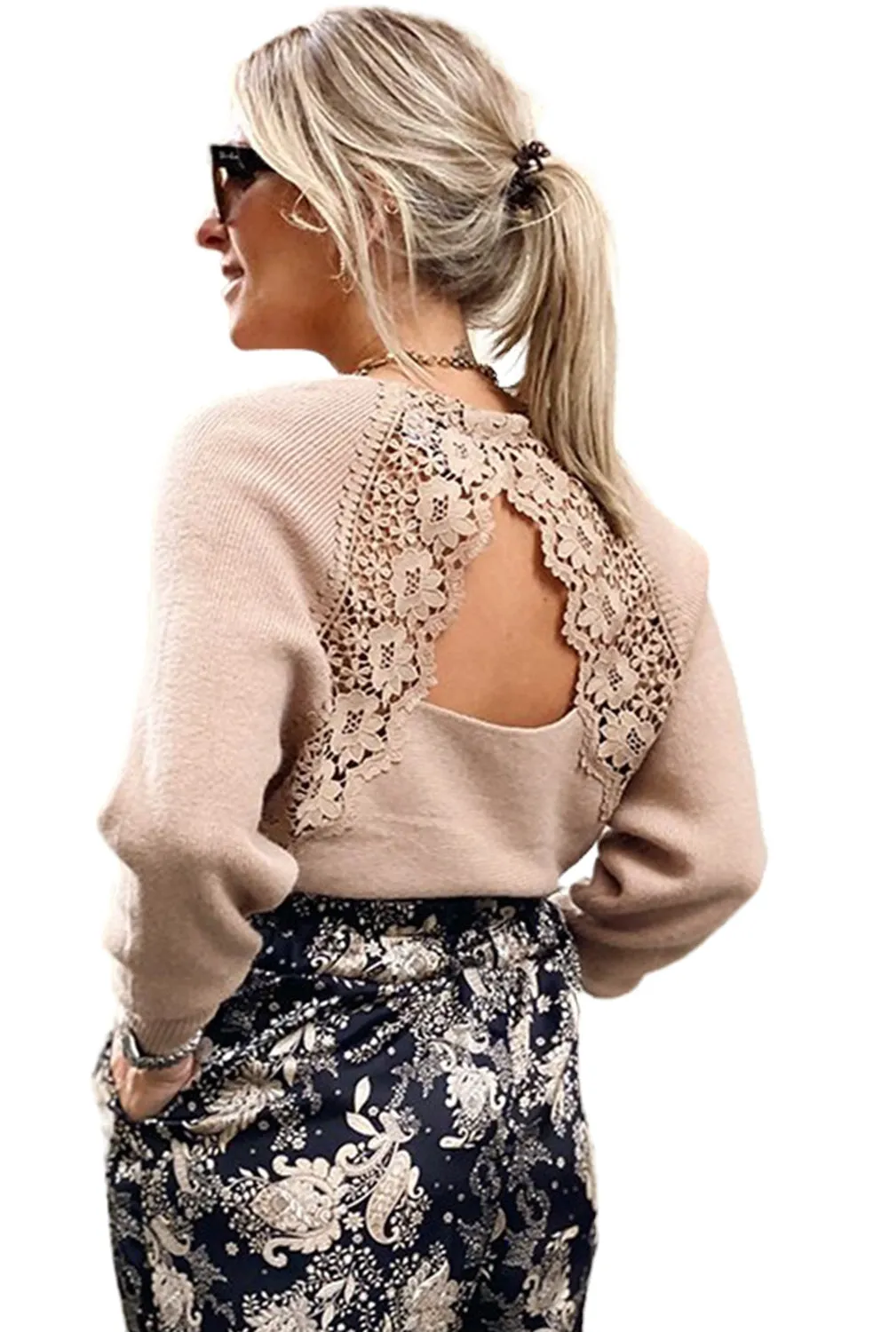 V Neck Lace Patch Back Sweater