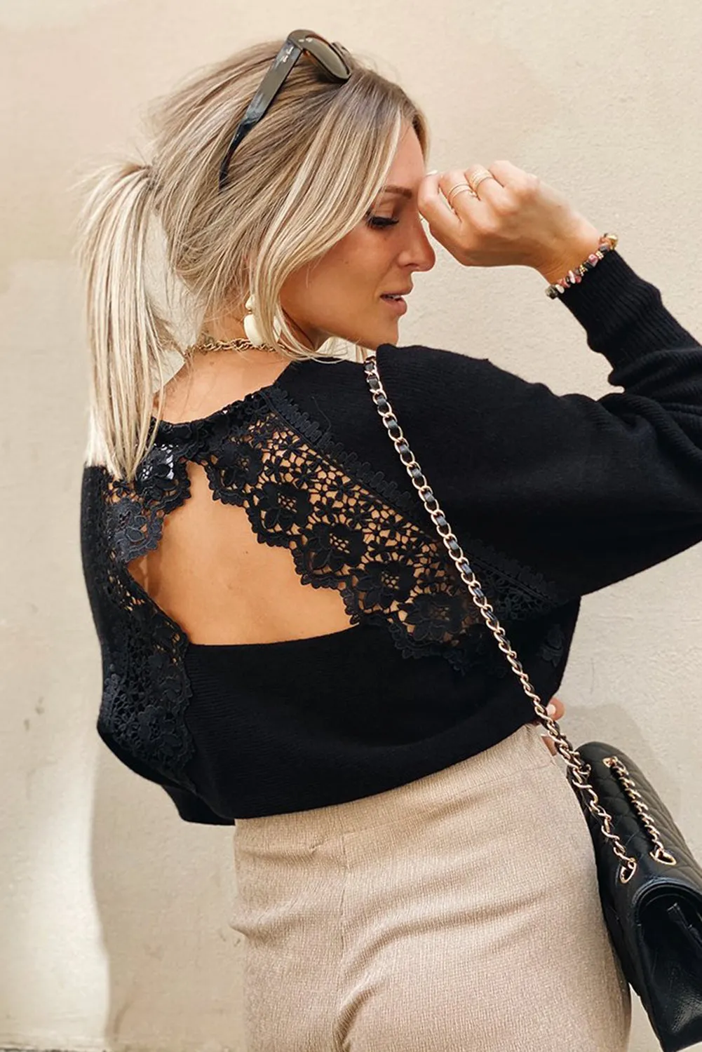 V Neck Lace Patch Back Sweater