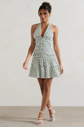 Verde | Polka Dot V-Neck Ruched Mini Dress With Flared Hem