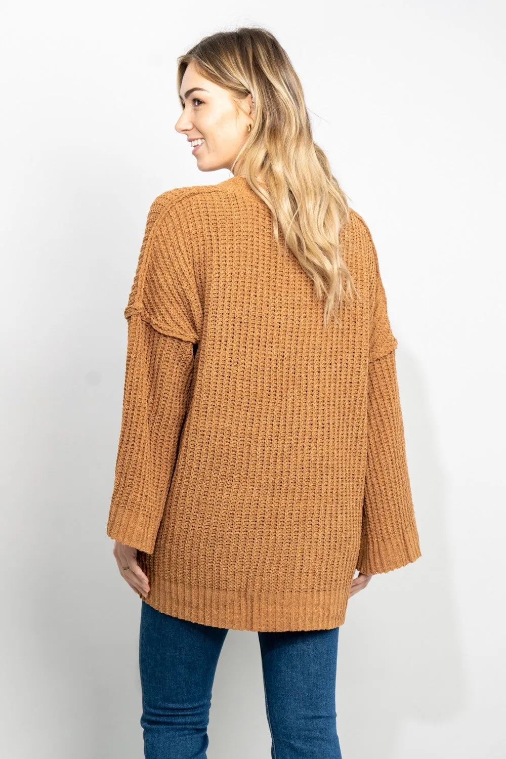 Very J Exposed Seam Flare Sleeve Open Front Cardigan in Camel