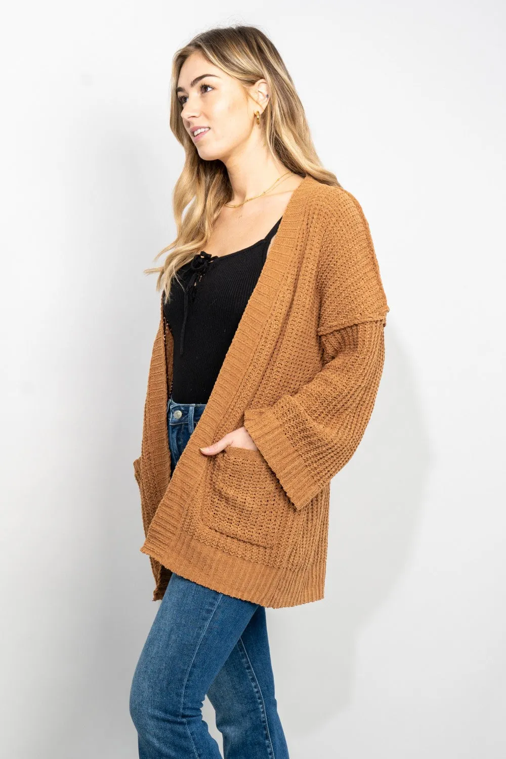 Very J Exposed Seam Flare Sleeve Open Front Cardigan in Camel