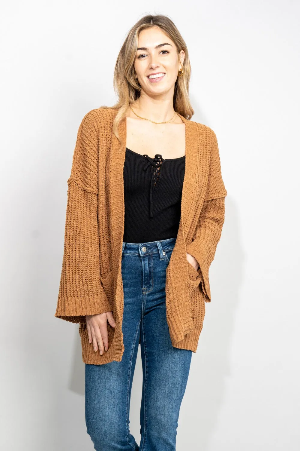 Very J Exposed Seam Flare Sleeve Open Front Cardigan in Camel