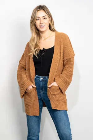 Very J Exposed Seam Flare Sleeve Open Front Cardigan in Camel