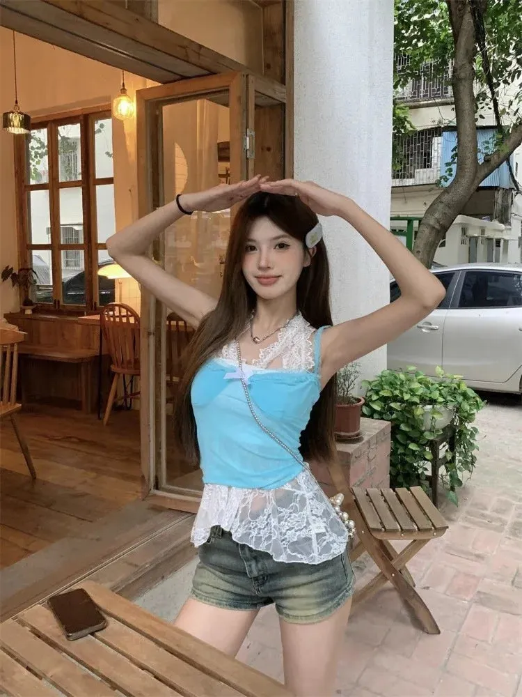 Vevesc Fashion Sweet Bow Blue Lace Vest for Women 2024 Summer New Sleeveless Tank Top Y2k Grunge Slim Fit All-match Tops Mujer