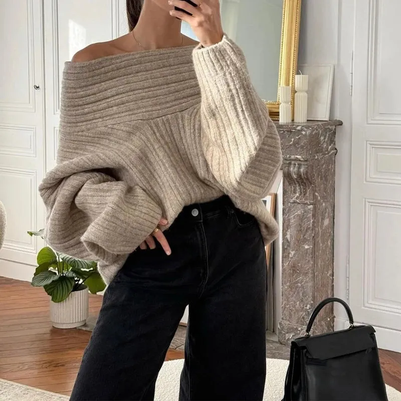 Vevesc Women Off The Shoulder Sweater Oversized Long Sleeve Pullover Tops Ribbed Knit Jumpers Y2k Loose Fit Knitwear Fall Streetwear