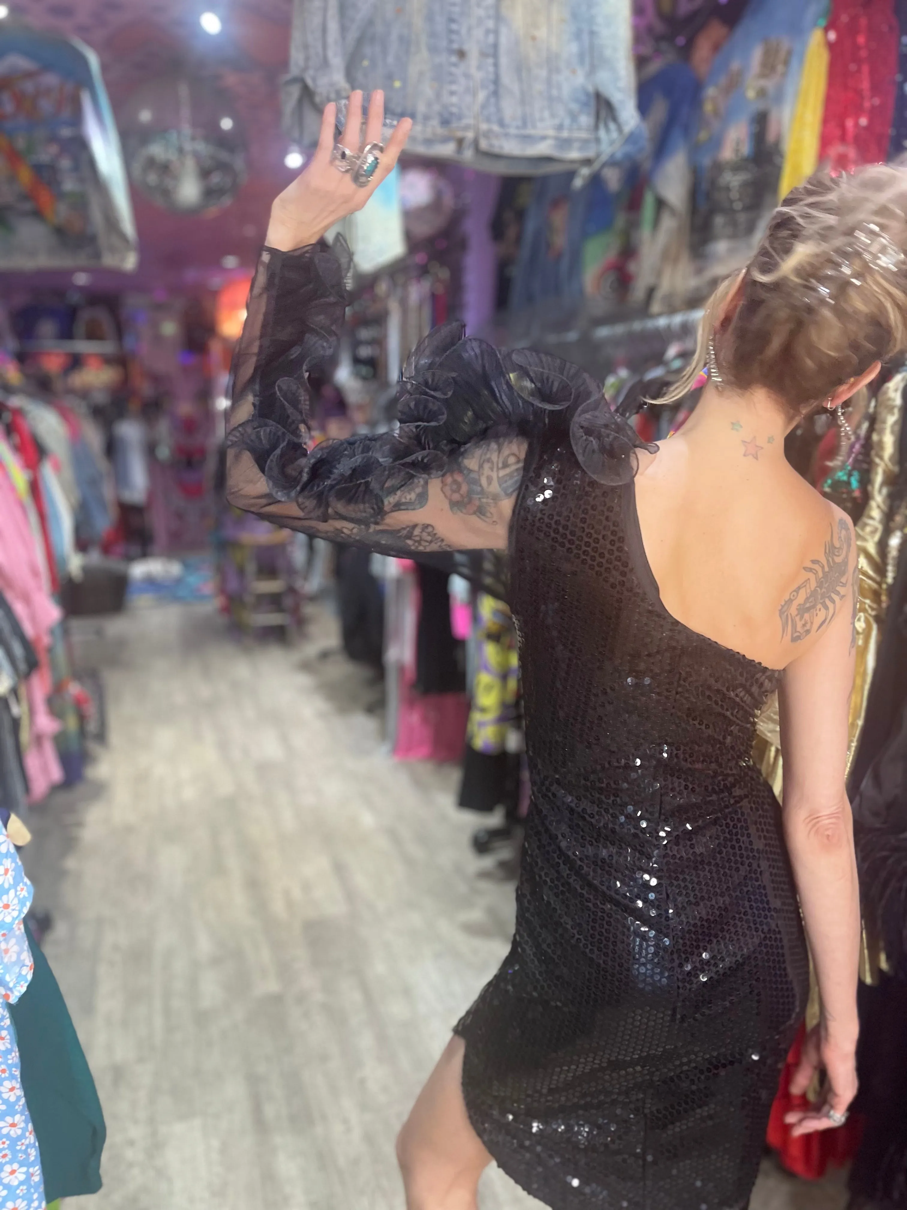 Vintage 80s Dramatic Shoulder Sequin Dress