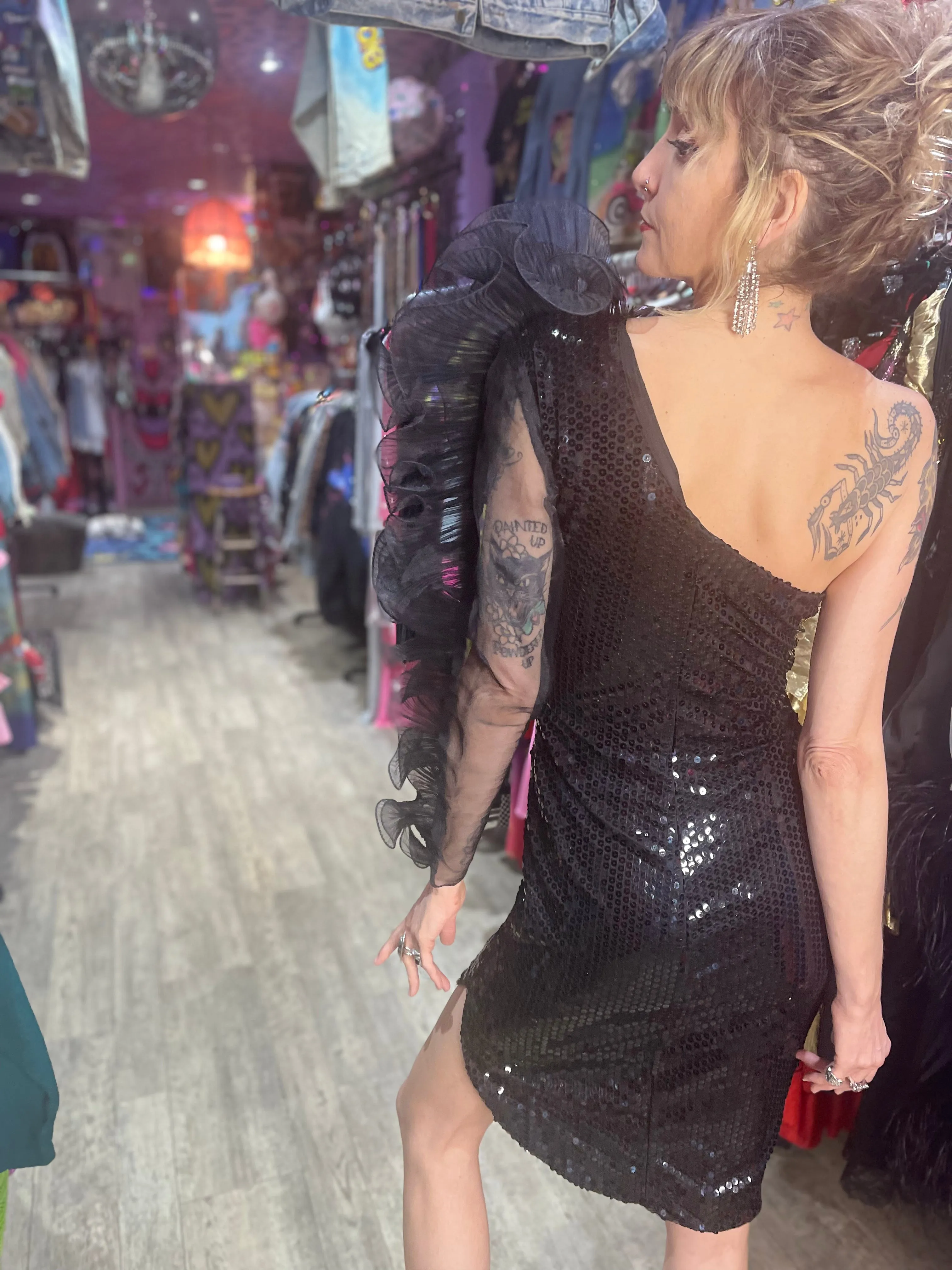 Vintage 80s Dramatic Shoulder Sequin Dress