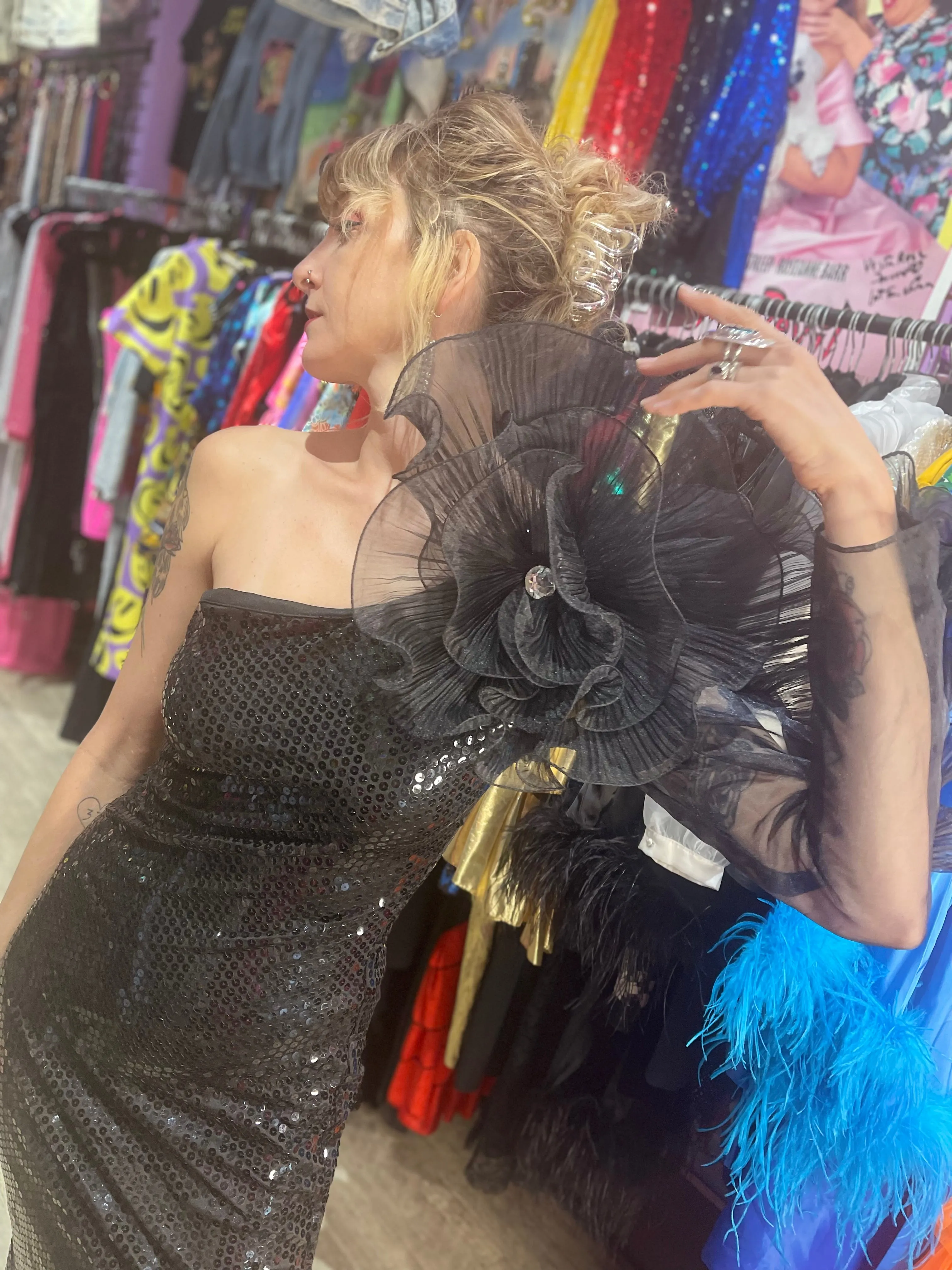 Vintage 80s Dramatic Shoulder Sequin Dress