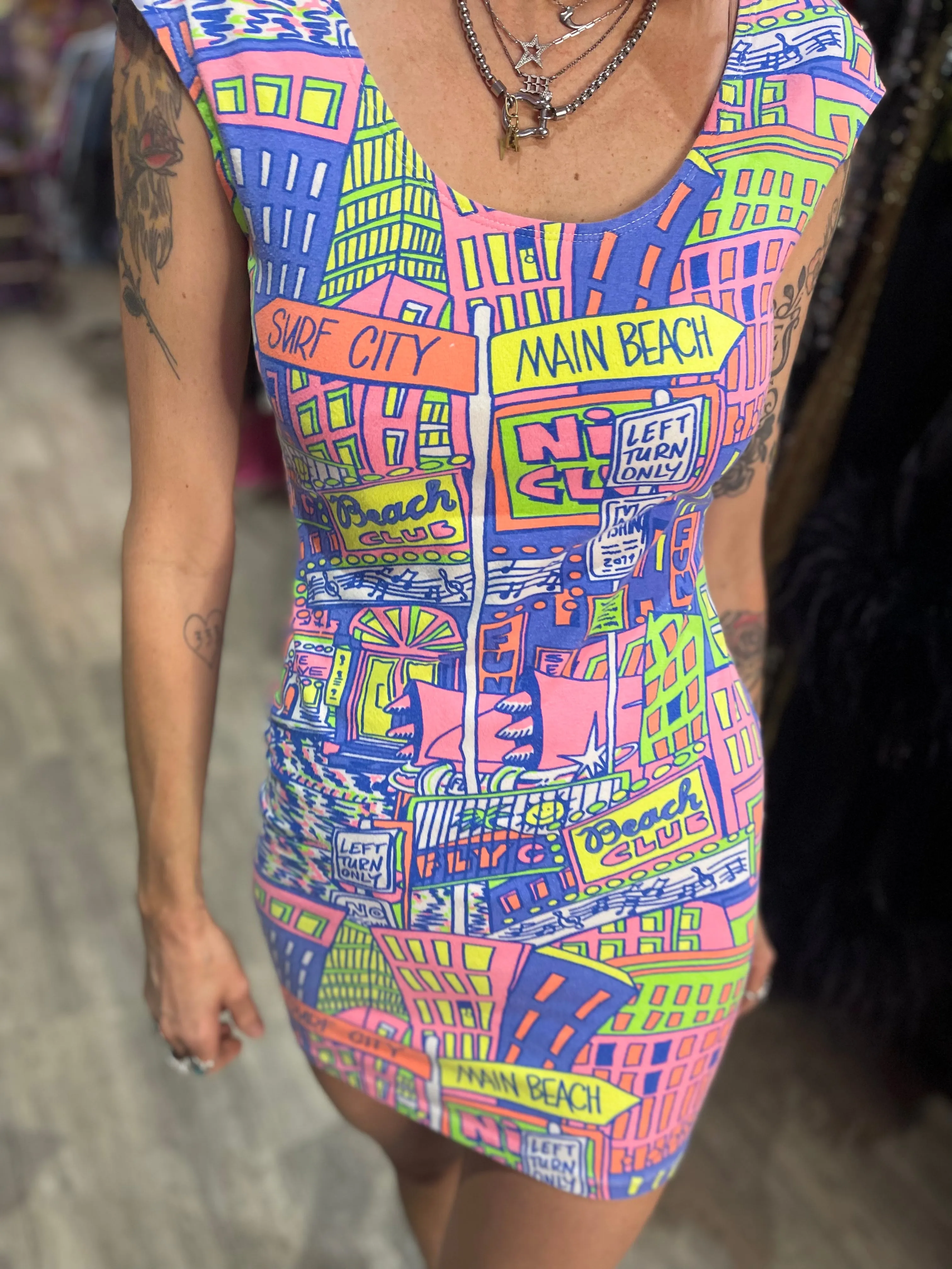 Vintage 90s Neon Beach Mini Dress