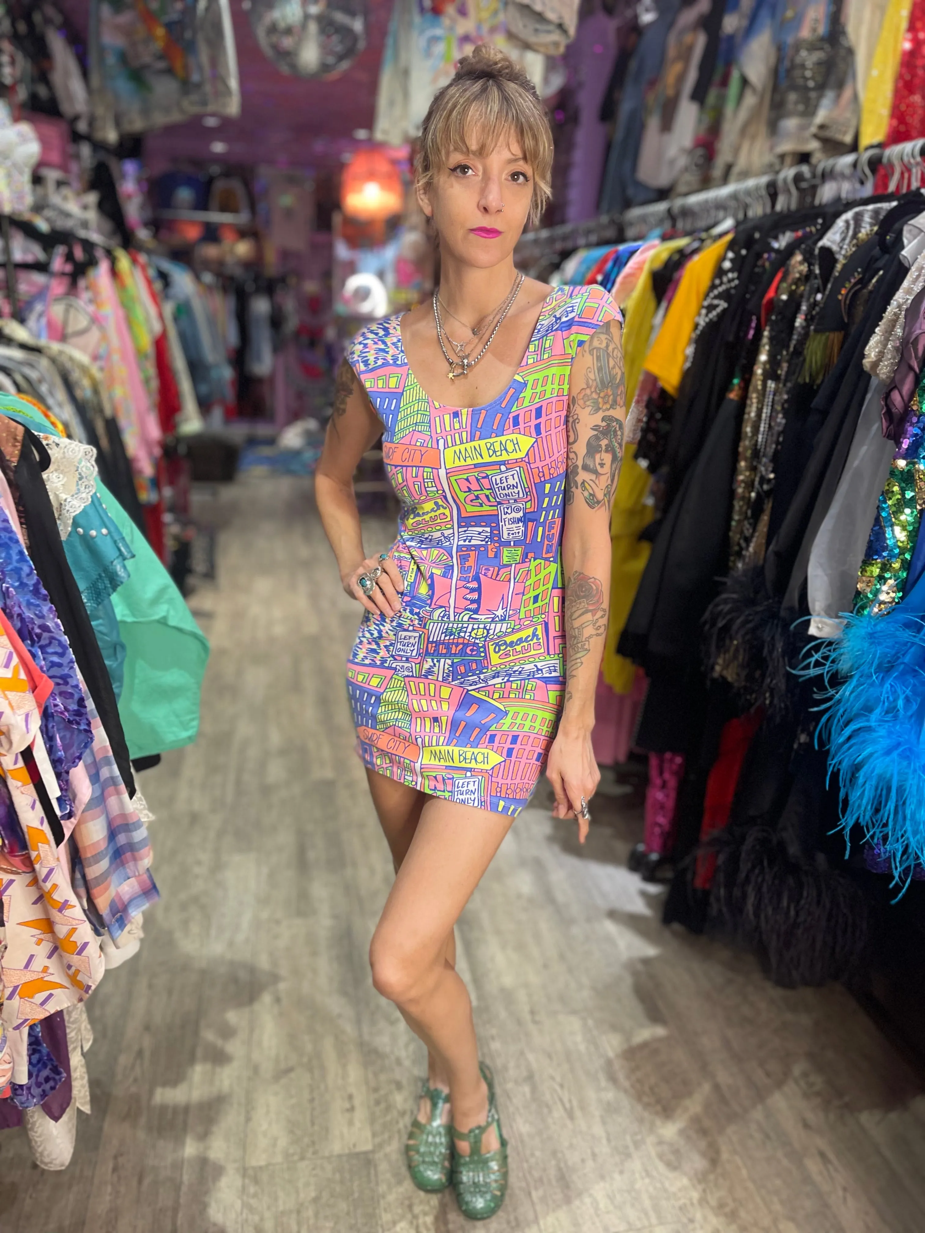 Vintage 90s Neon Beach Mini Dress