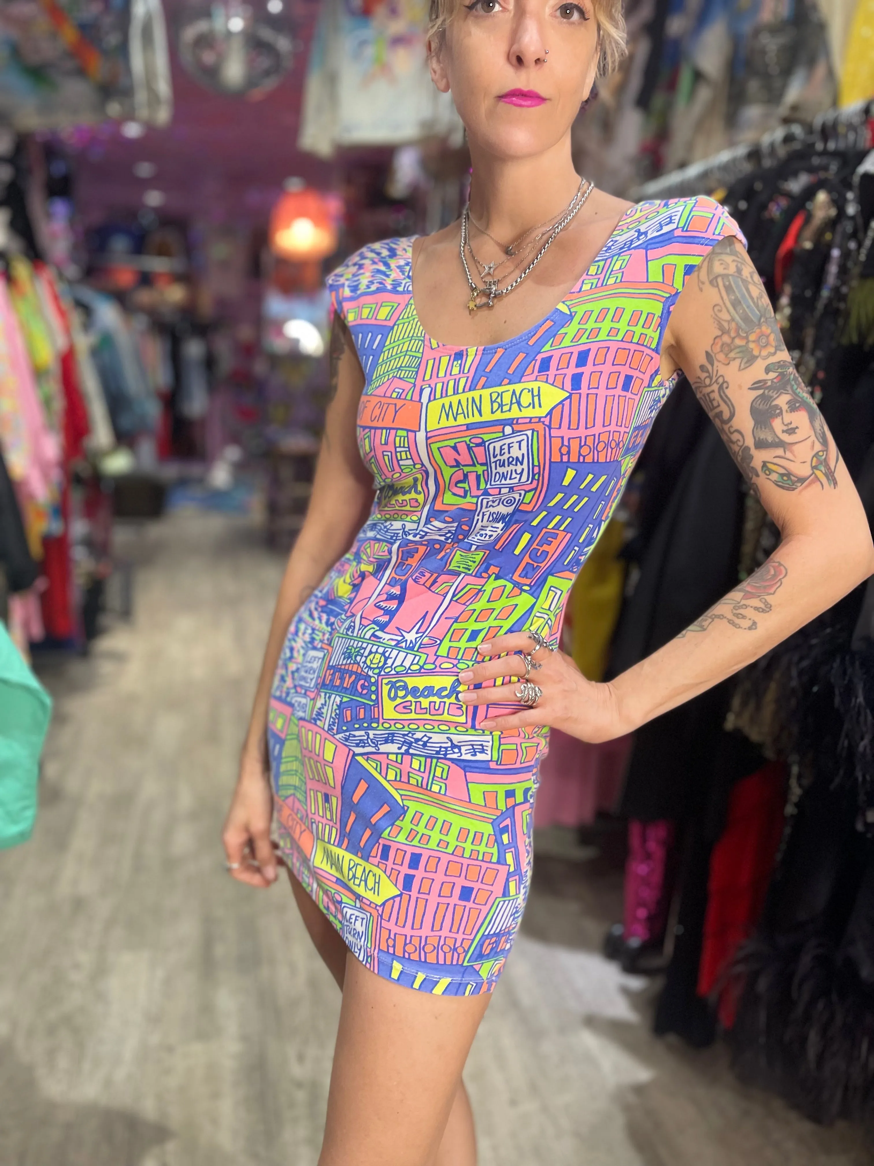 Vintage 90s Neon Beach Mini Dress