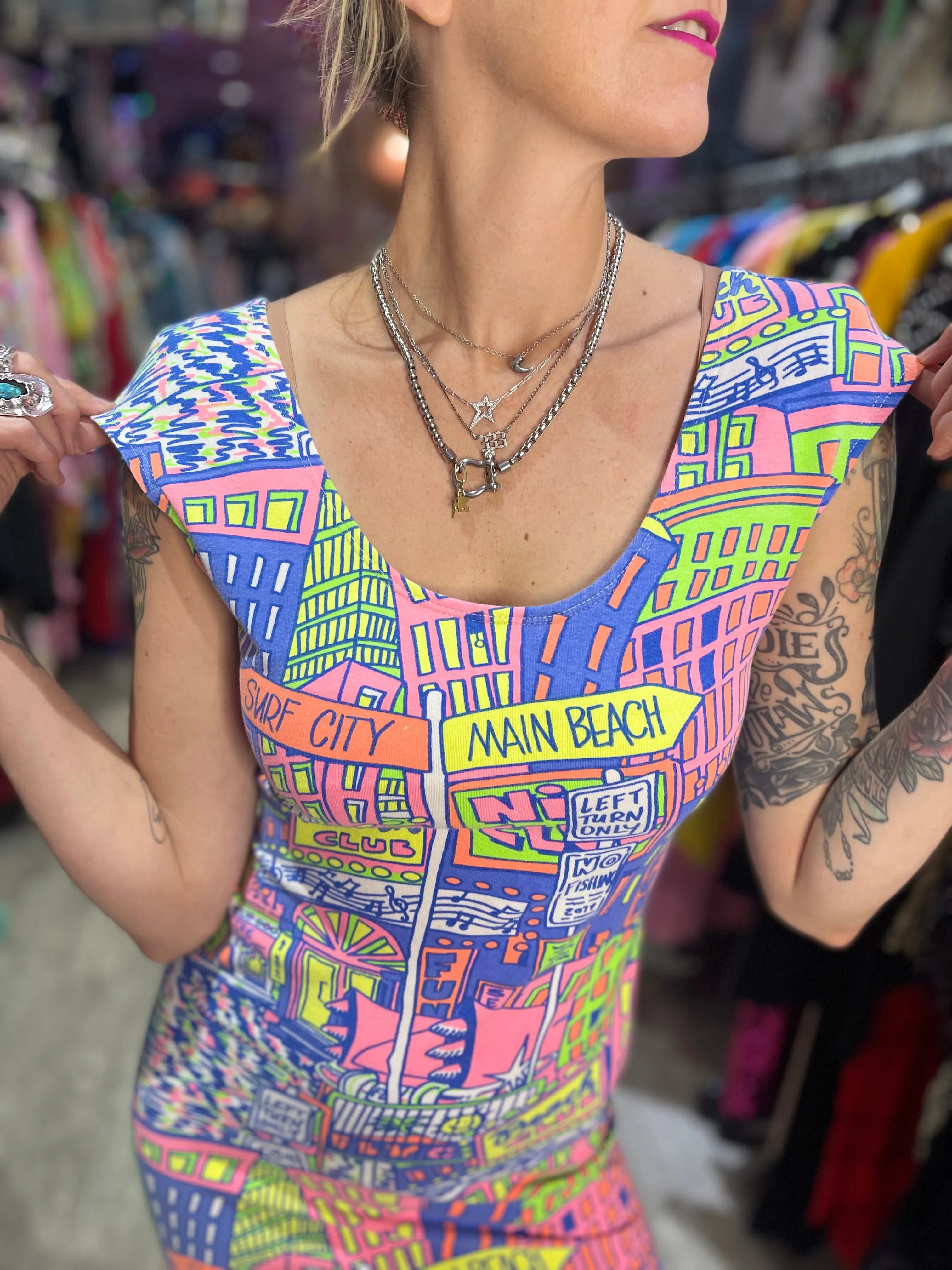 Vintage 90s Neon Beach Mini Dress