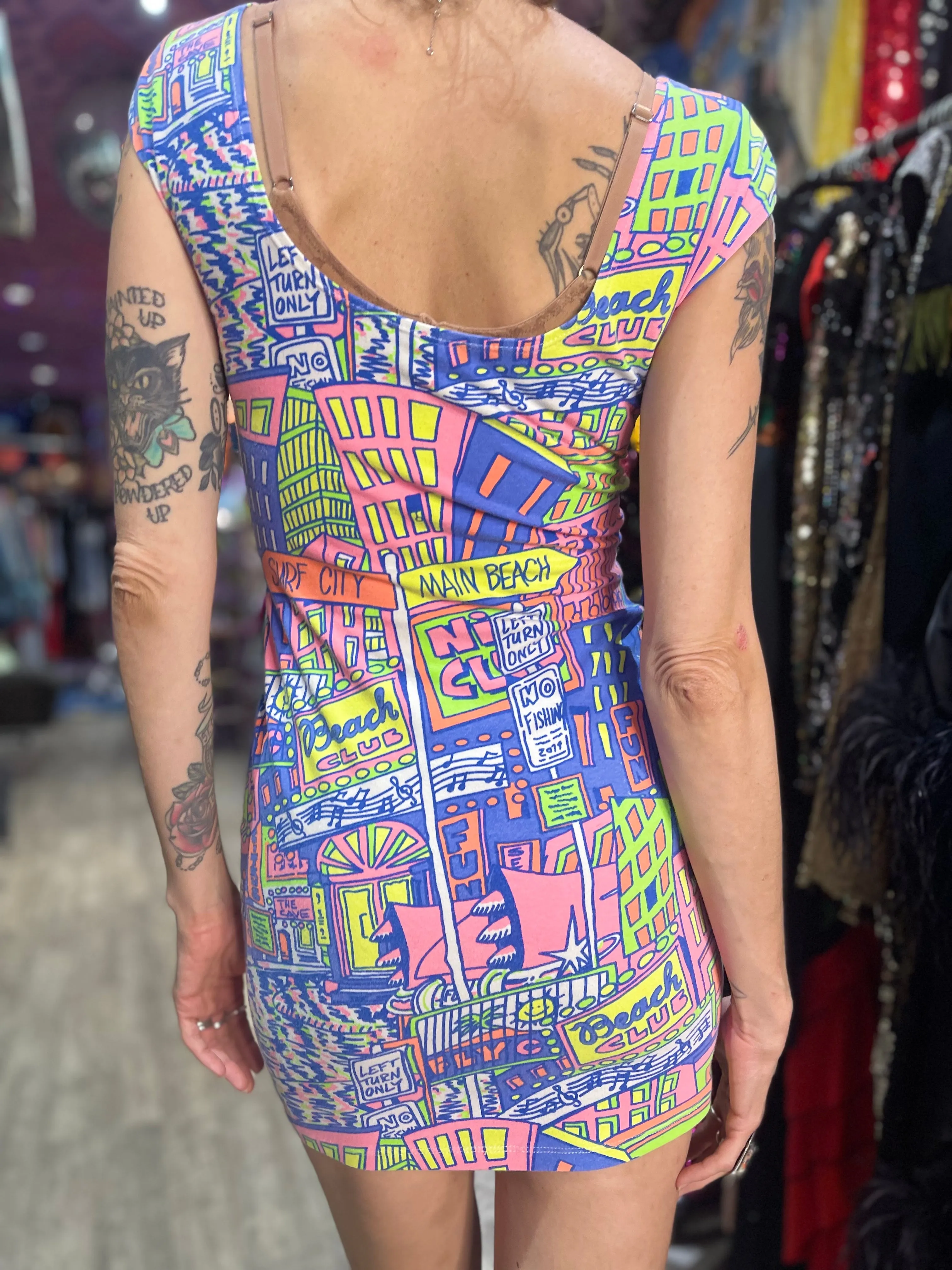 Vintage 90s Neon Beach Mini Dress