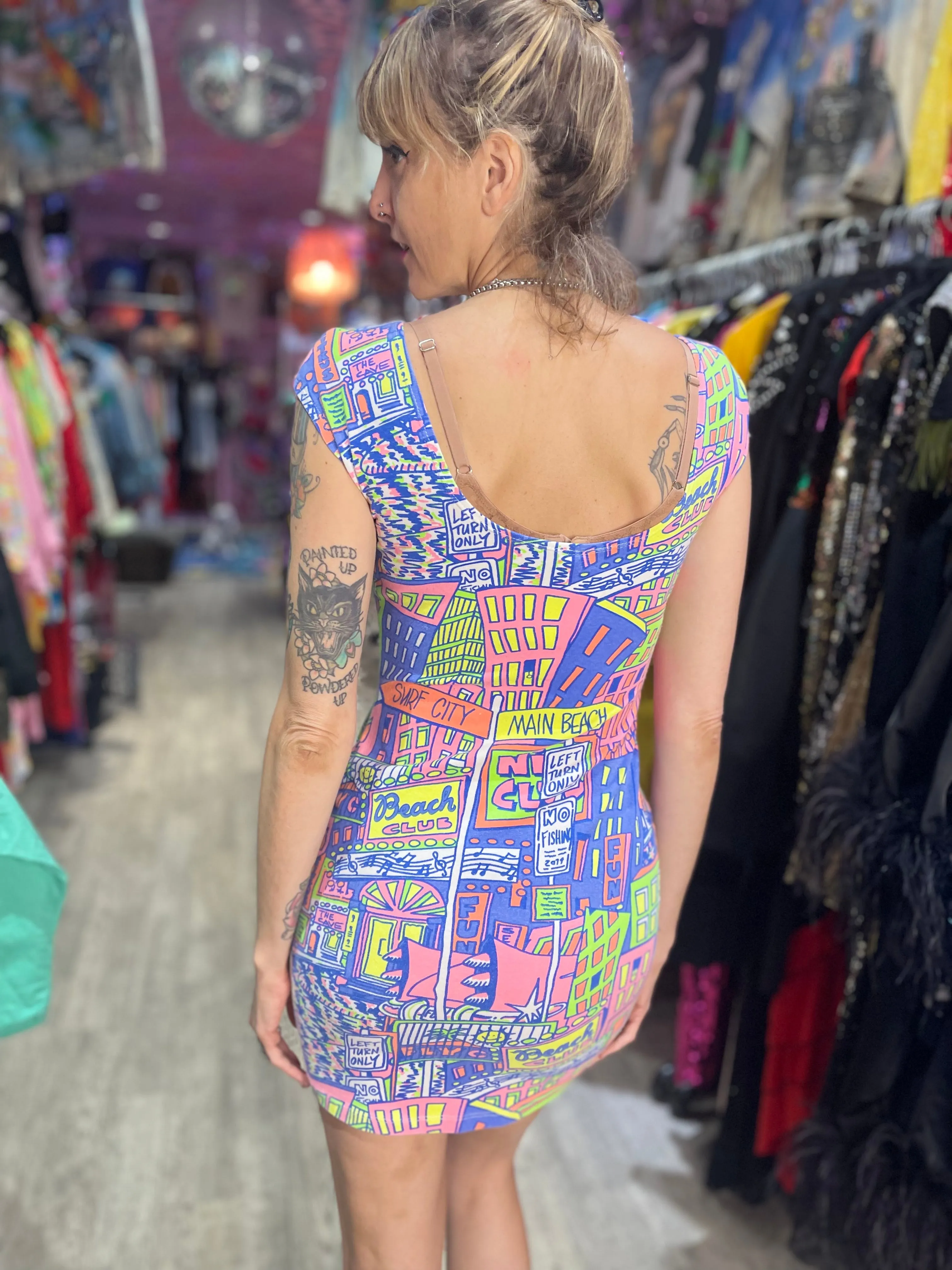 Vintage 90s Neon Beach Mini Dress