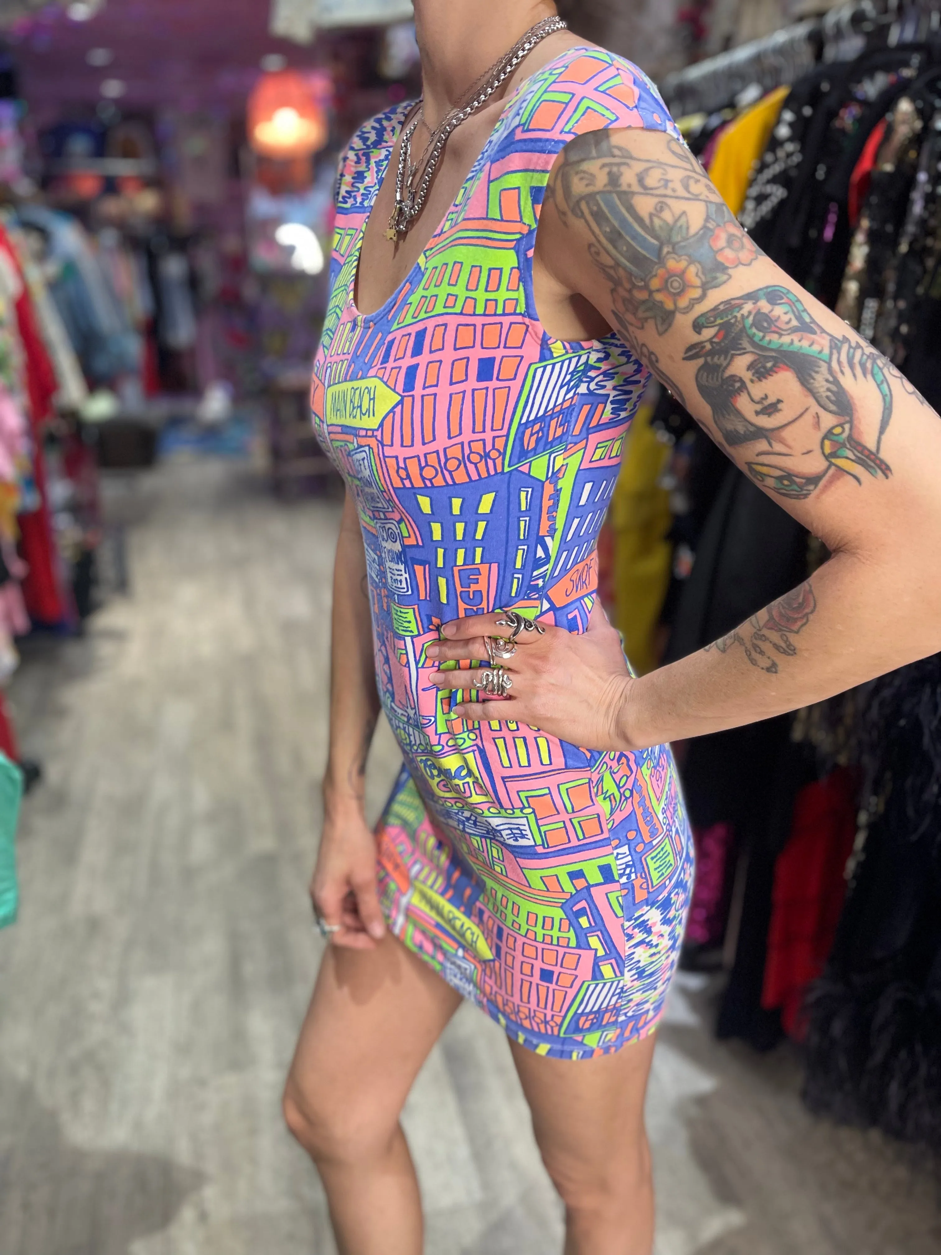 Vintage 90s Neon Beach Mini Dress