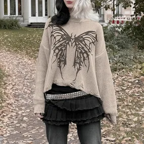 Vintage Grunge Butterfly Pattern Women Sweater Top Autumn Winter Ripped Fairycore Knitted Pullover Aesthetic Jumpers