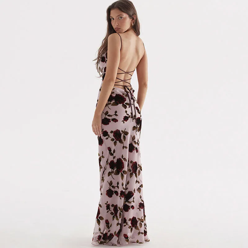 Vintage Mesh Flower Print Fishtail Drape Trim Lace Up Back Maxi Dress - Pink