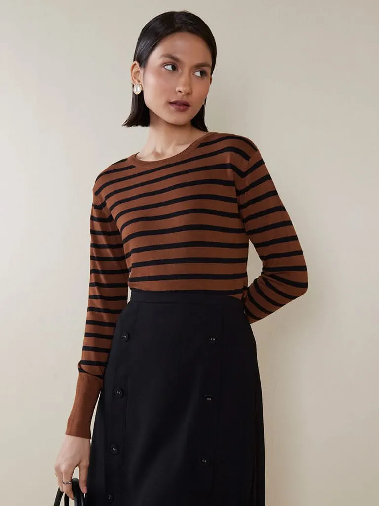 Wardrobe Dark Tan Striped Sweater Top