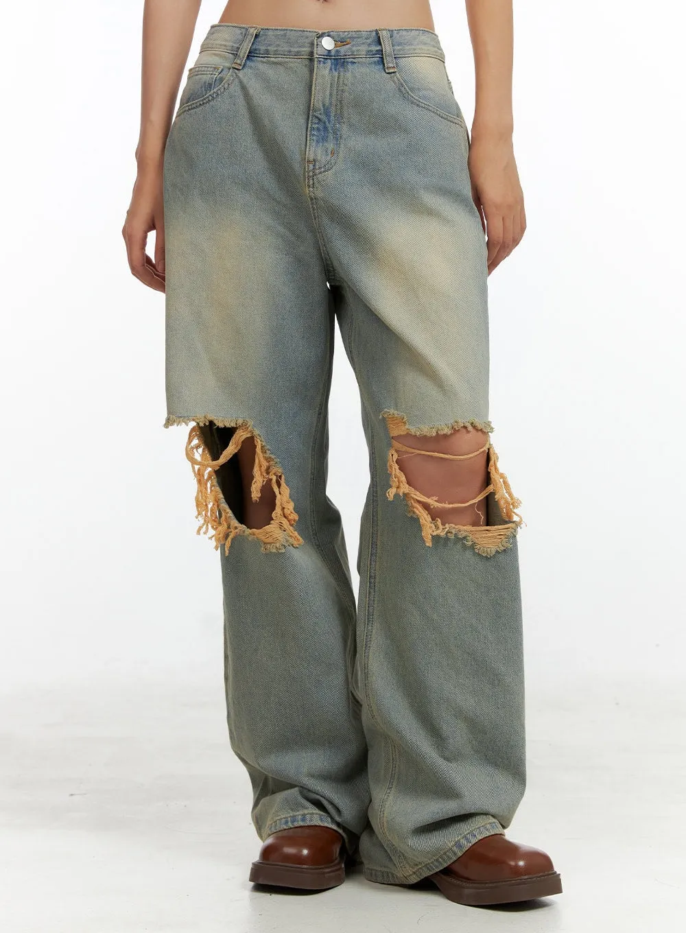 Washed Destroyed Denim Baggy Jeans OL408